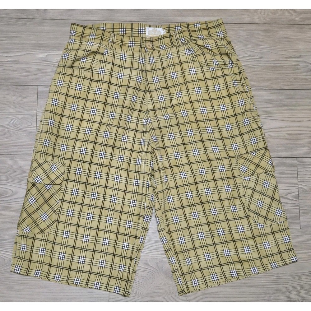 Vintage Ruff Ryders Plaid Cargo Shorts Size 36 Yellow Y2K Hip Hop DMX *FLAW*